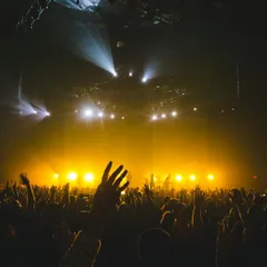 A concert audience raising hands toward a yellow-lit stage
