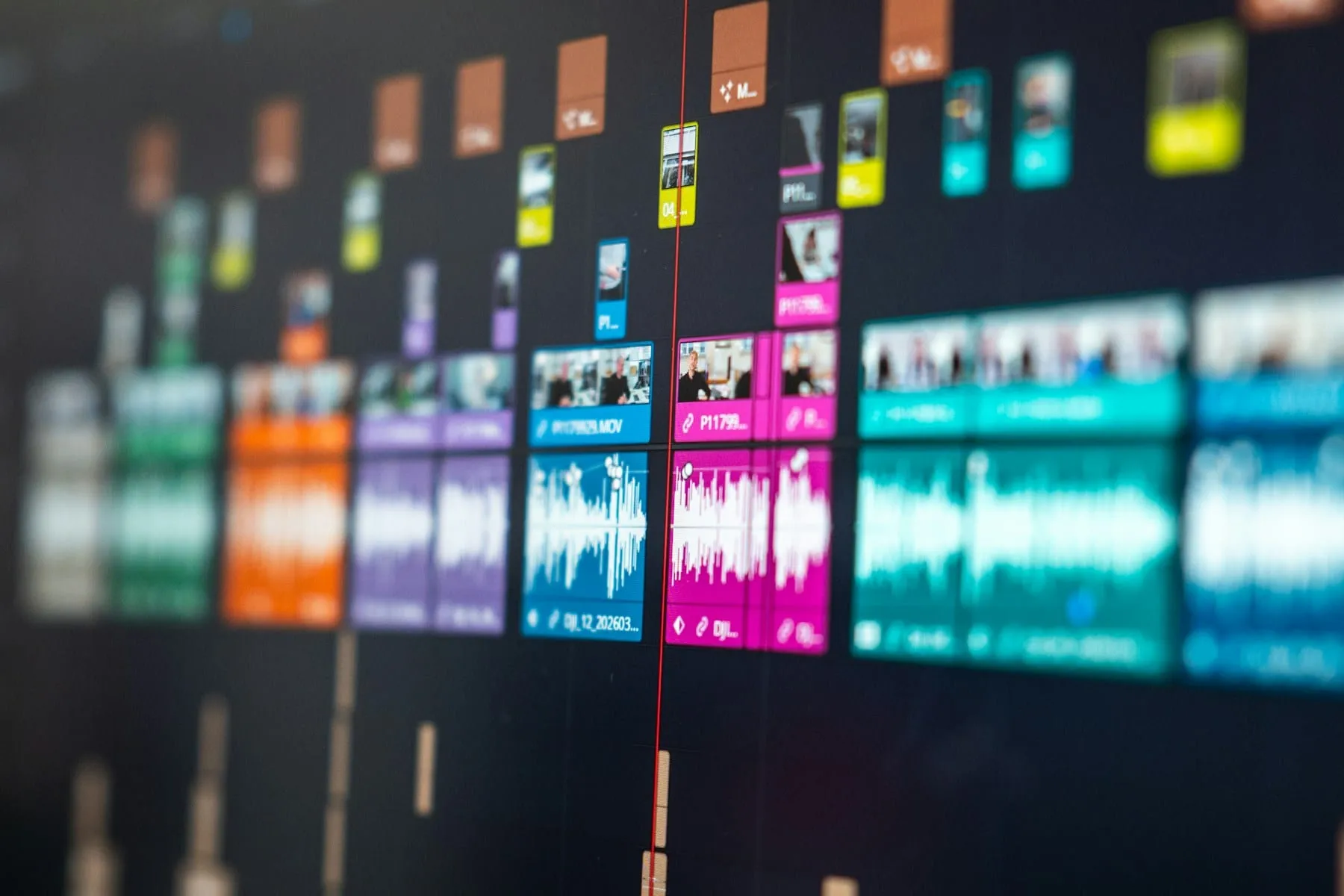 A colorful video editing timeline with audio waveforms and clips